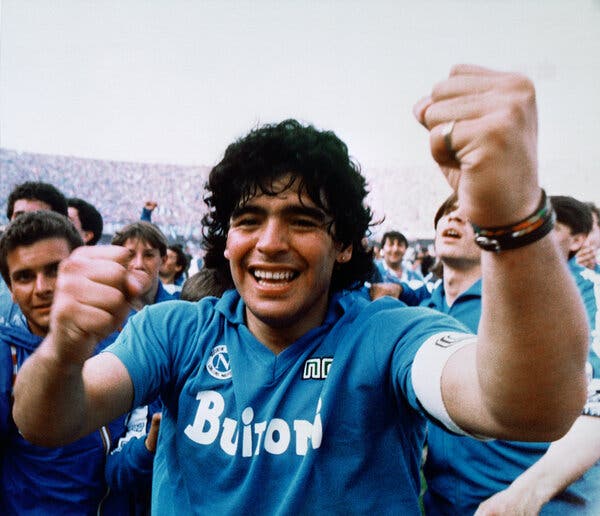 Diego Maradona after SCC Napoli won their first Serie A title in 1986